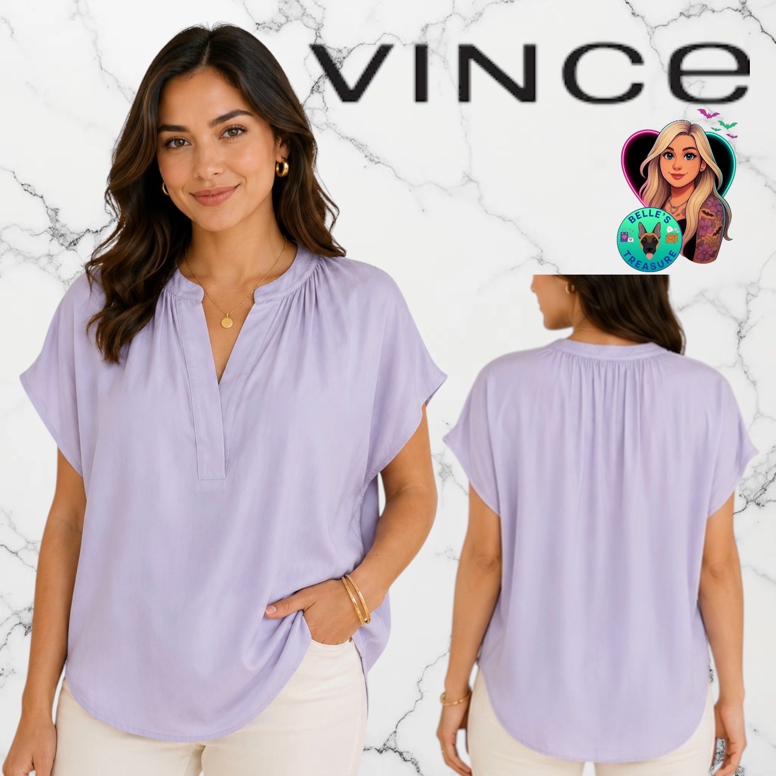 Vince Womens Small 100% Silk V-Neck Blouse Lavender Purple Oversized Popover Top